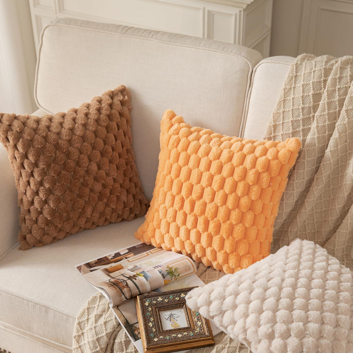 2x Plüsch Kissenbezug 45x45 cm – Beige Wollsamt Dekokissen