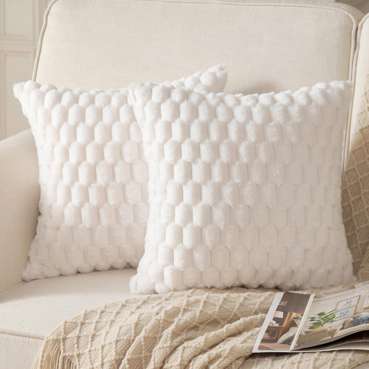 2x Plüsch Kissenbezug 45x45 cm Cremeweiß – Weiche Wollsamt Dekokissen