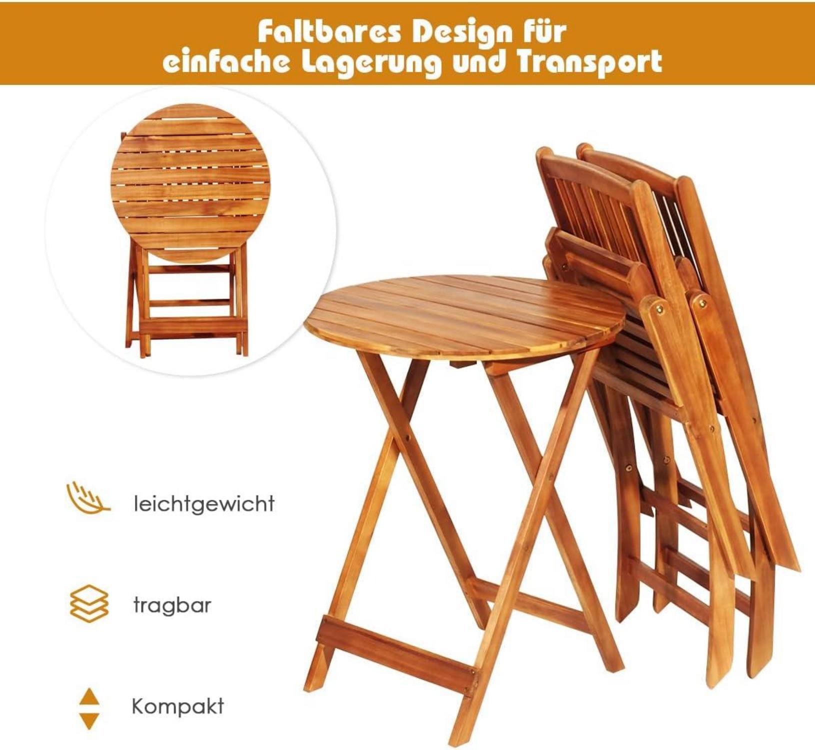 3tlg. Gartenmöbel Set Akazienholz klappbar Rundtisch 2 Stühlen Kissen