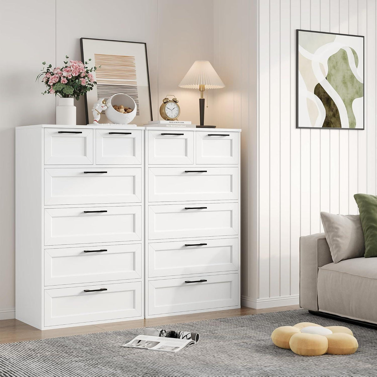 Weiß 2er-Set Kommode mit 6 Schubladen – Schlafzimmer Sideboard