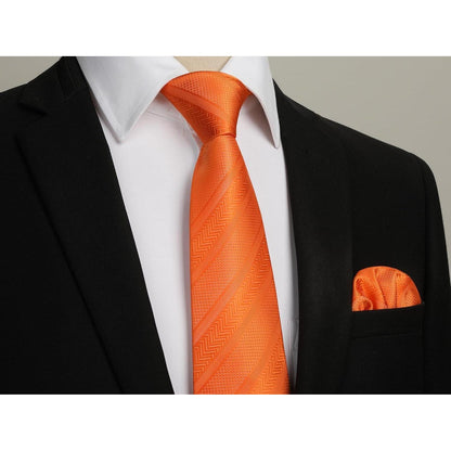 Herren Krawatten-Set mit Einstecktuch, Orange Gestreift