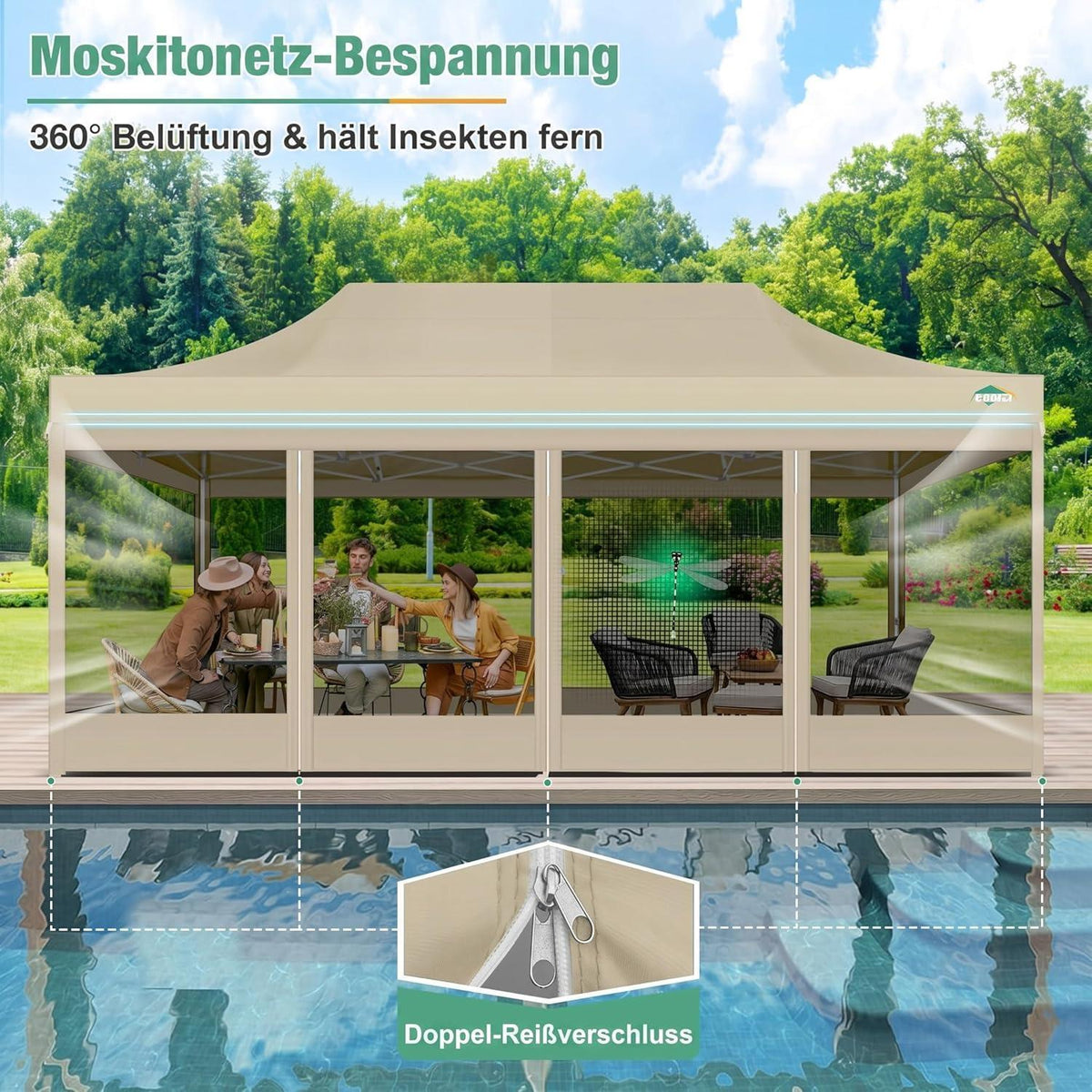 Faltpavillon 3x6m mit Moskitonetz & UV-Schutz