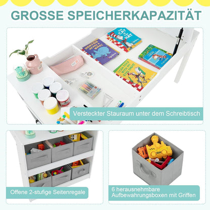 Kindertisch mit 2 Stühlen und Stauraum, kippbar, weiß