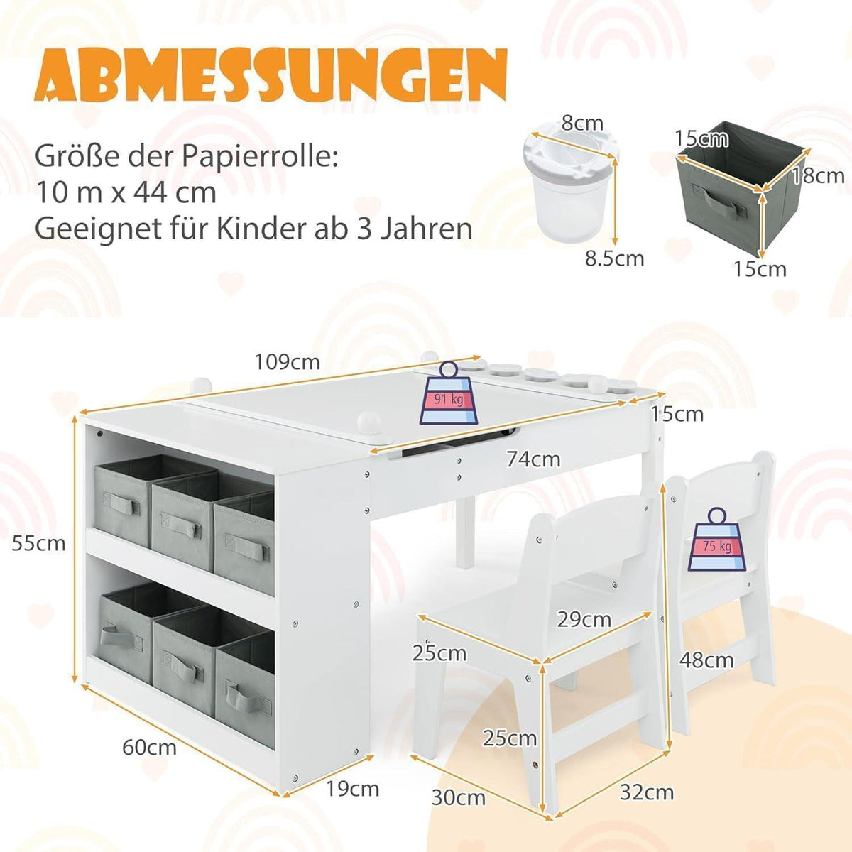 Kindertisch mit 2 Stühlen und Stauraum, kippbar, weiß