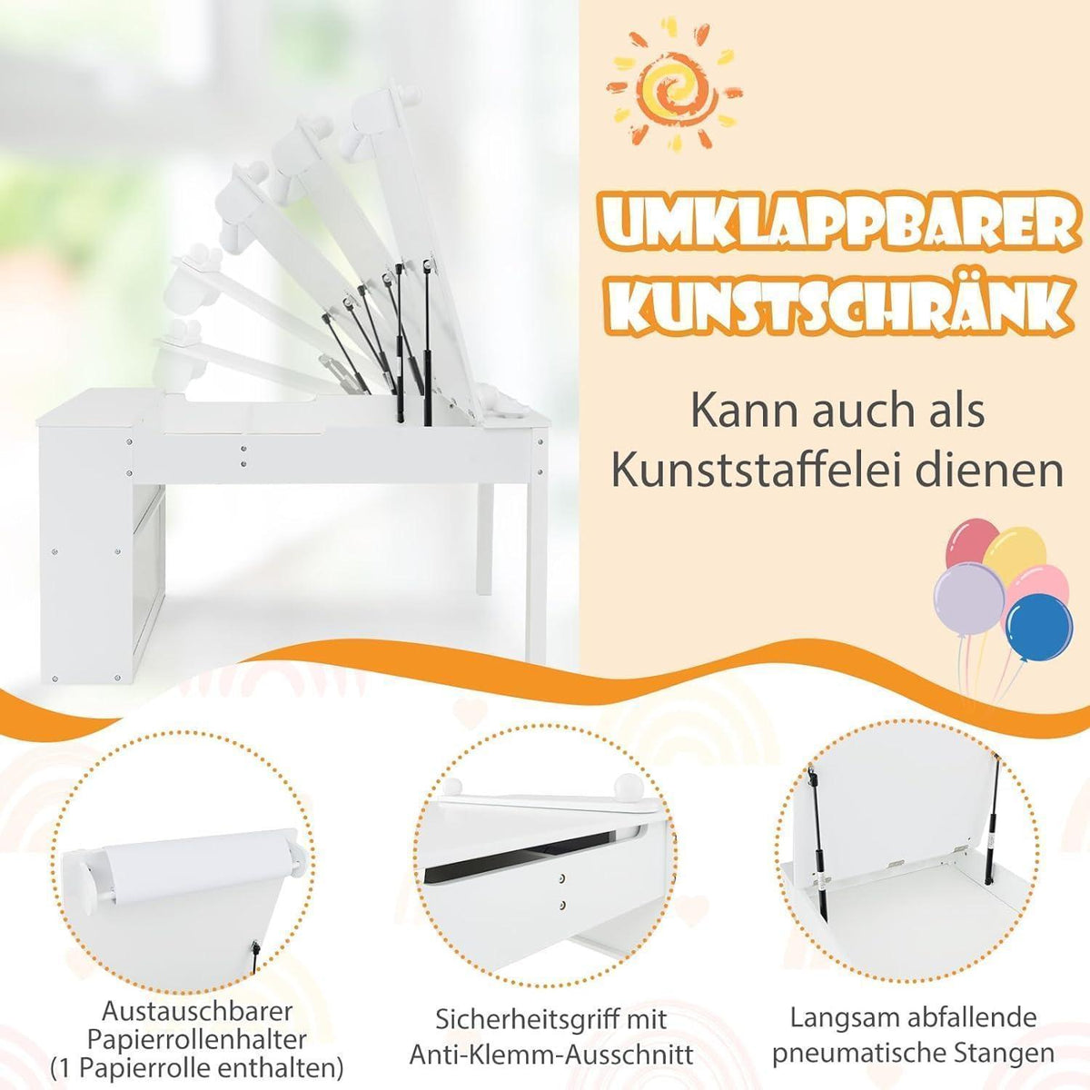 Kindertisch mit 2 Stühlen und Stauraum, kippbar, weiß