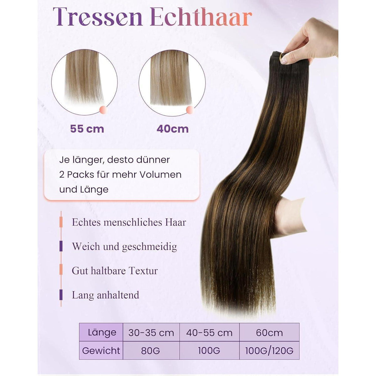 Echthaar Tressen Braun Balayage 60cm – Zum Einnähen & Stylen