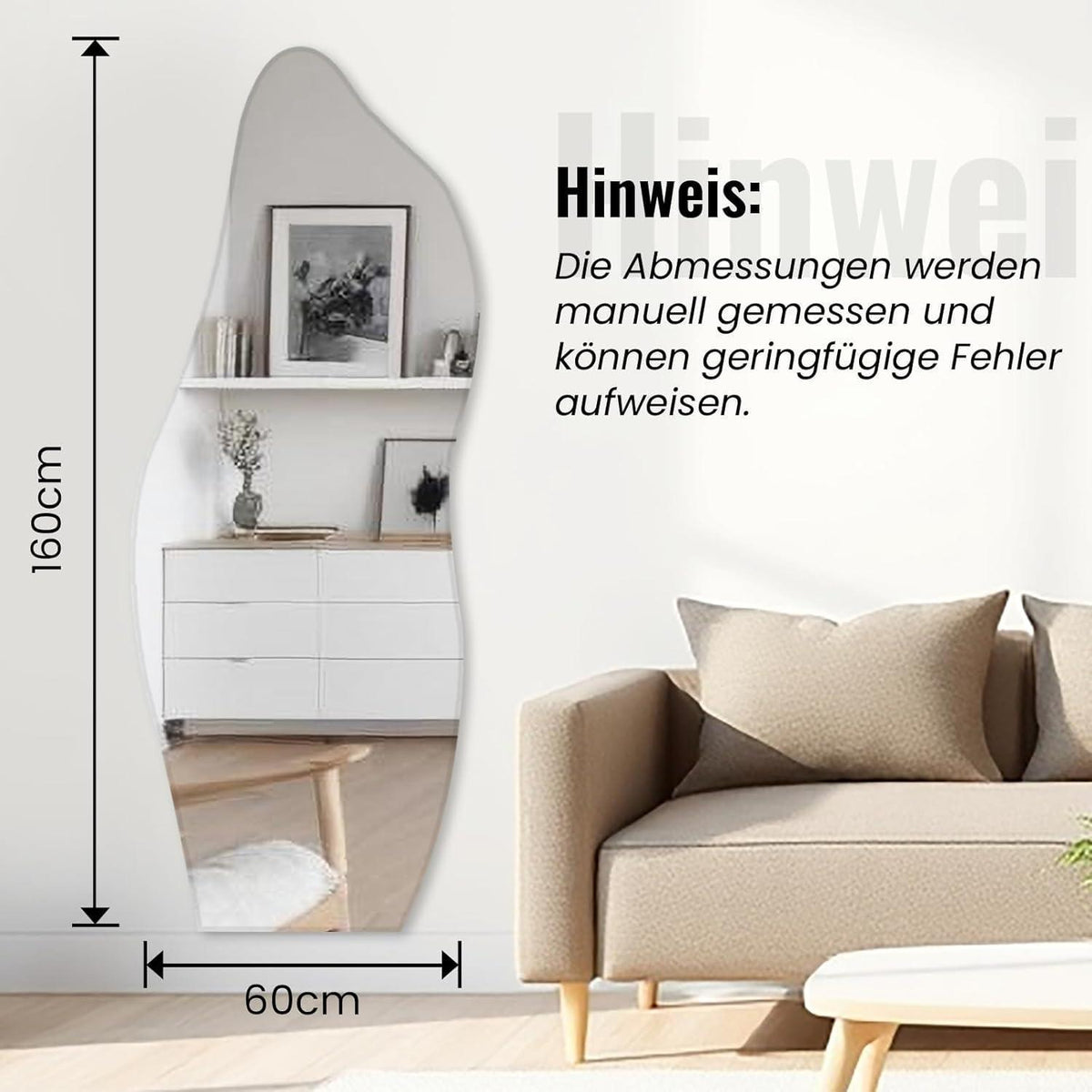 Asymmetrischer Wandspiegel 160x60cm – Rahmenlos & Dekorativ