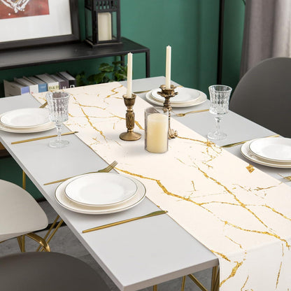 Moderner Tischläufer Weiß Marmor Gold 33x183 cm Leinen