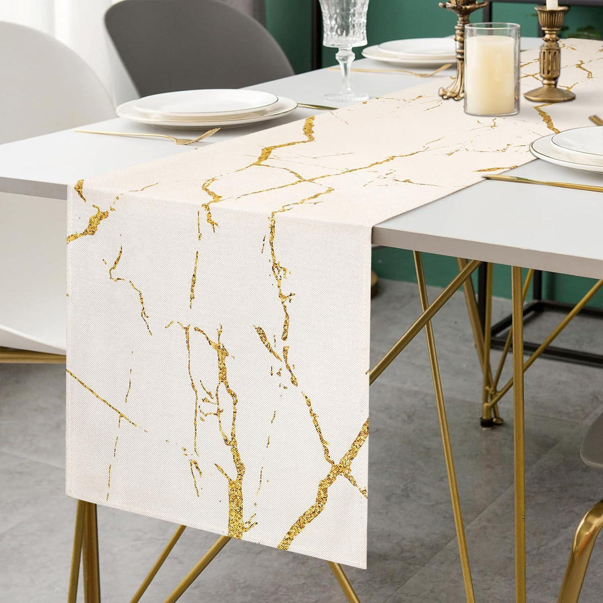 Moderner Tischläufer Weiß Marmor Gold 33x183 cm Leinen