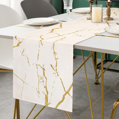 Moderner Tischläufer Weiß Marmor Gold 33x183 cm Leinen