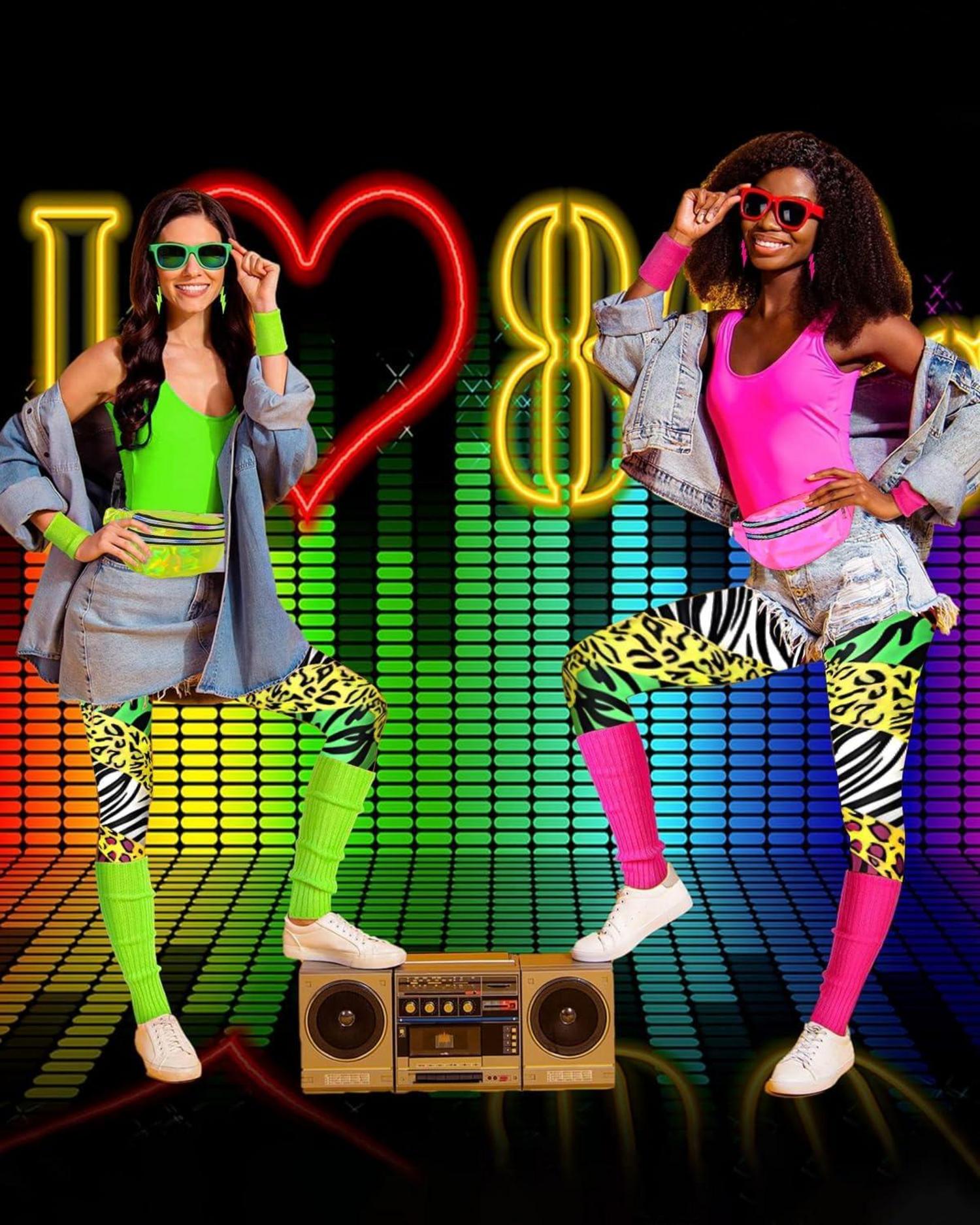 BIQIQI 80er Jahre Damen Outfit Set Retro Trainingsanzug Costume 80s 90s Kleidung Accessoires