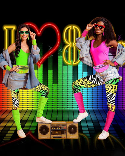 BIQIQI 80er Jahre Damen Outfit Set Retro Trainingsanzug Costume 80s 90s Kleidung Accessoires