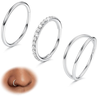 3er Set Nasenpiercing Ringe 316L Edelstahl mit Zirkonia, 7-10mm, Gold/Silber
