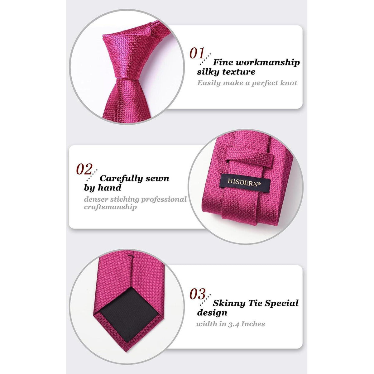 Herren Krawatte mit Einstecktuch Set, Elegant, Heißes Rosa