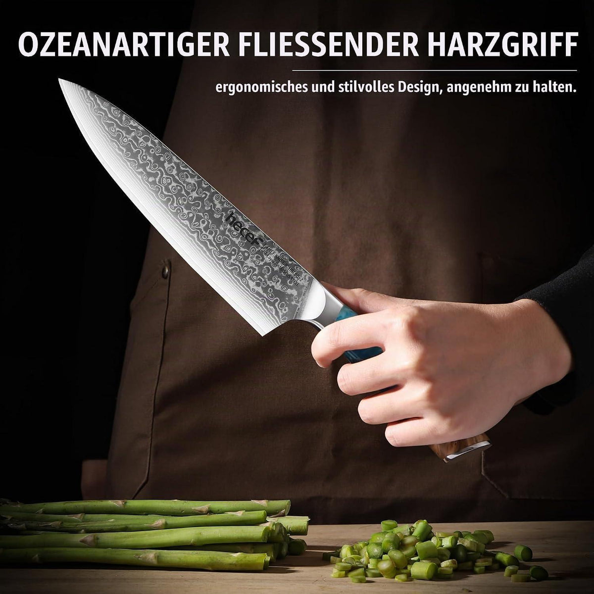20cm Damast Kochmesser VG10 Stahlkern | Blauer Harzgriff