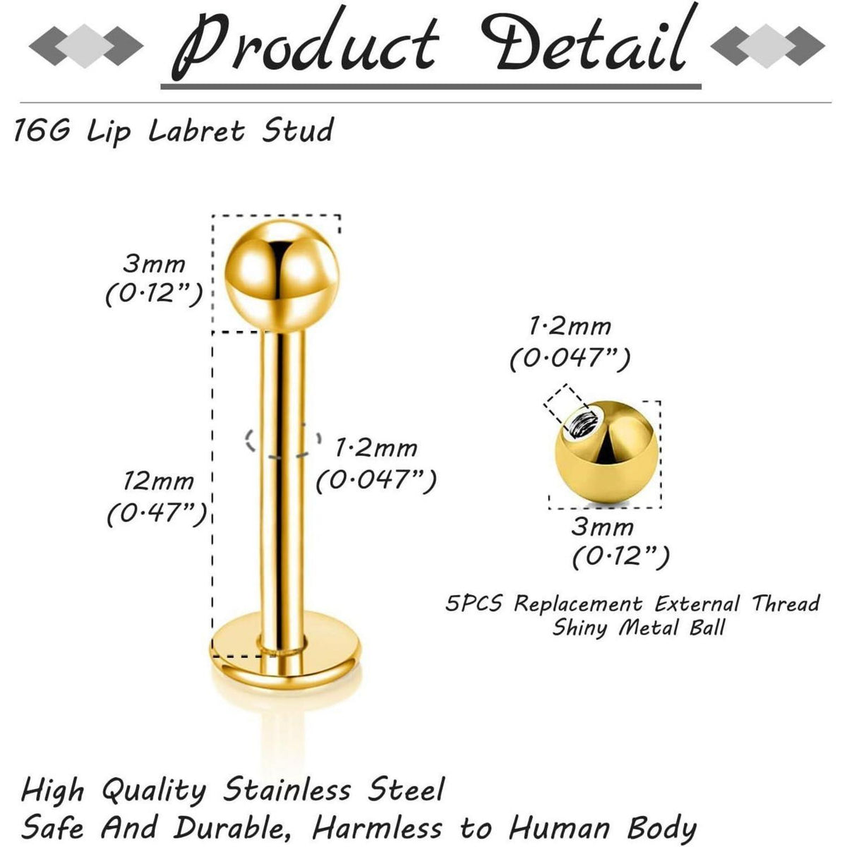 12er Lippenpiercing Set Chirurgenstahl 1,2mm 6-12mm Silber Gold Schwarz
