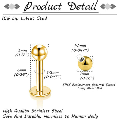 12er Lippenpiercing Set Chirurgenstahl Labret Helix Tragus Stud Silber Gold Schwarz 6mm