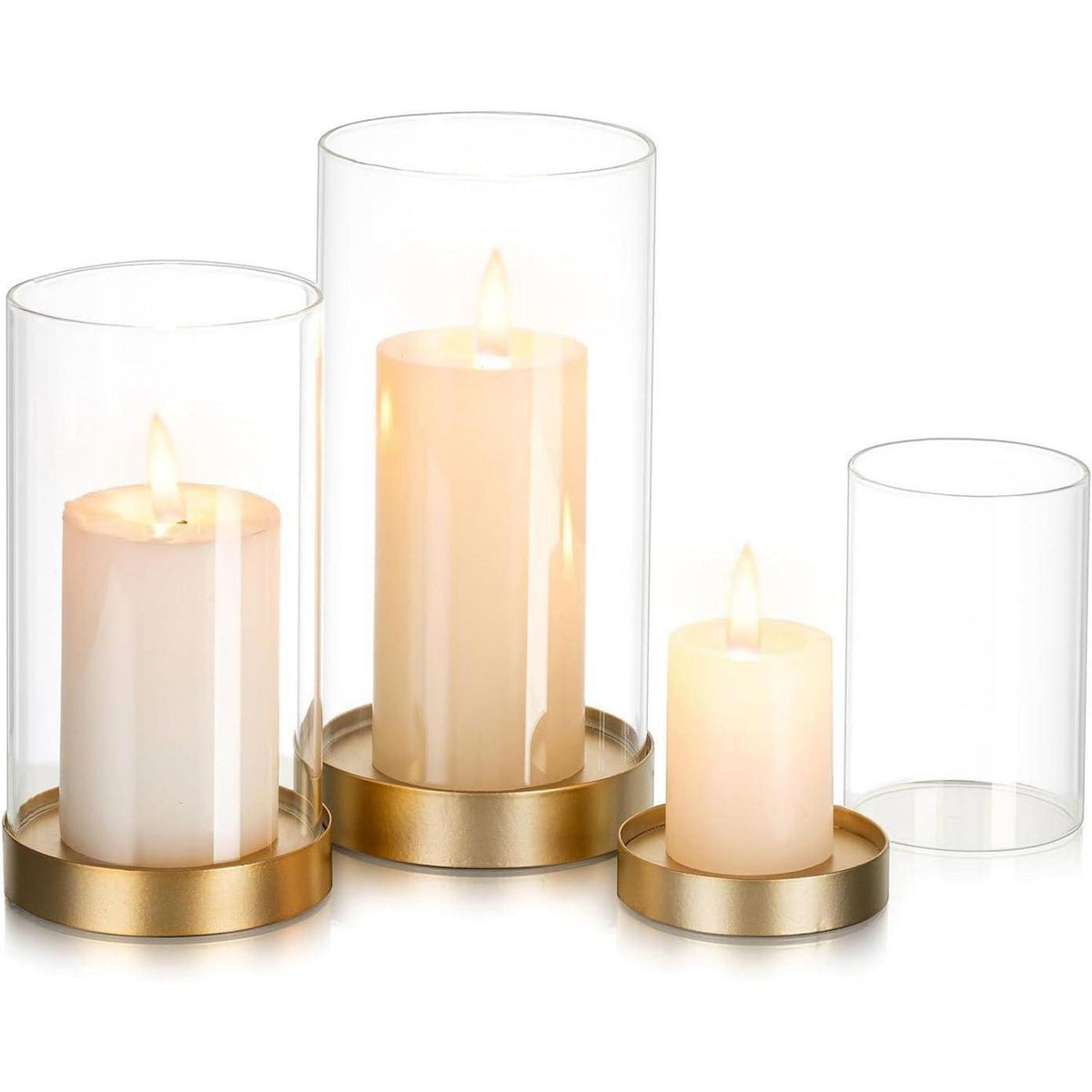 Windlicht Glas 3er Set Groß Gold Kerzenständer mit Zylinder