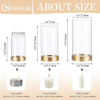 Windlicht Glas 3er Set Groß Gold Kerzenständer mit Zylinder