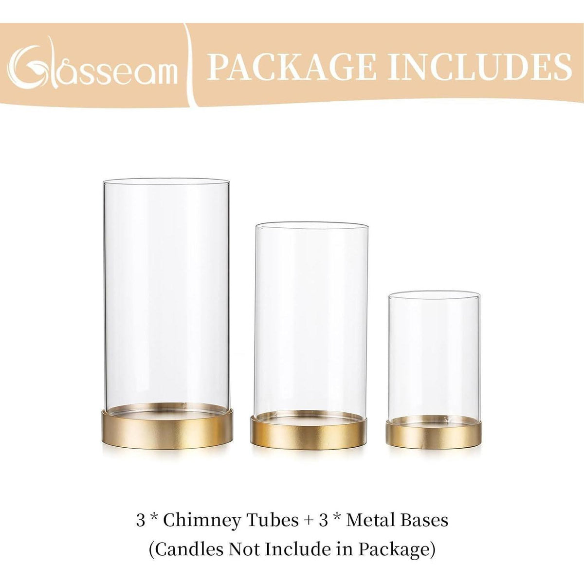 Windlicht Glas 3er Set Groß Gold Kerzenständer mit Zylinder