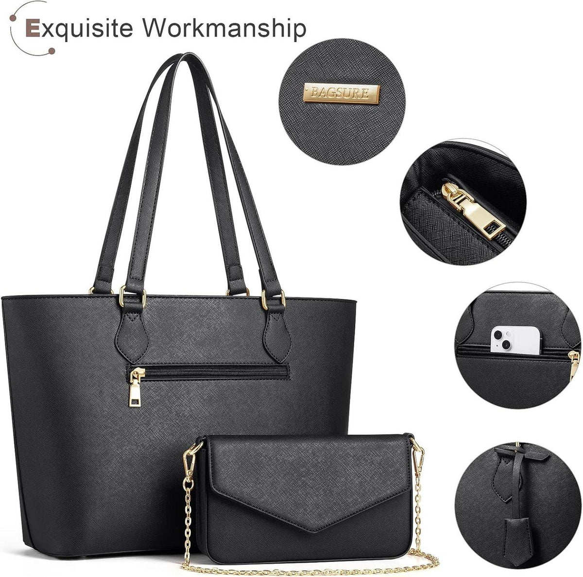 Bagsure Handtaschen Set Damen 4-teiliges Büro Schwarz