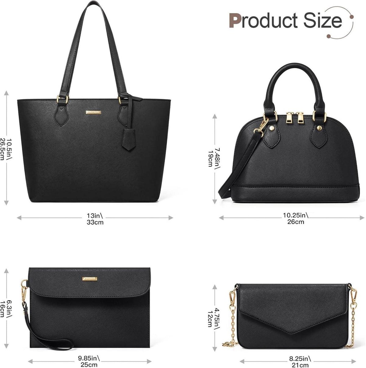 Handtasche Damen 4-teiliges Set Schwarz Kunstleder Groß Mittel Umhängetasche