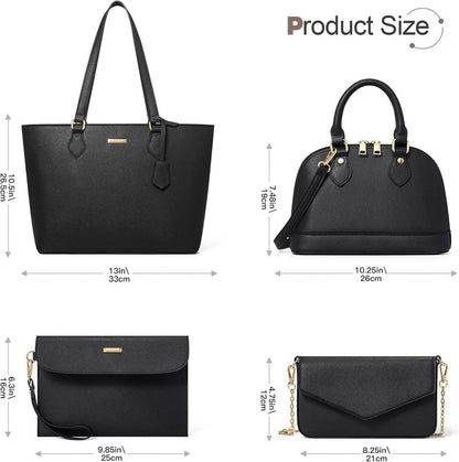 Handtasche Damen 4-teiliges Set Schwarz Kunstleder Groß Mittel Umhängetasche