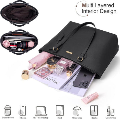 4-teiliges Handtaschen Set Damen Schwarz Büro Schule Reise Geschenk