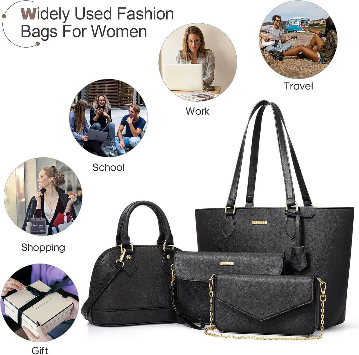 Handtasche Damen 4-teiliges Set Schwarz Kunstleder Groß Mittel Umhängetasche