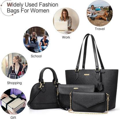 Handtasche Damen 4-teiliges Set Schwarz Kunstleder Groß Mittel Umhängetasche