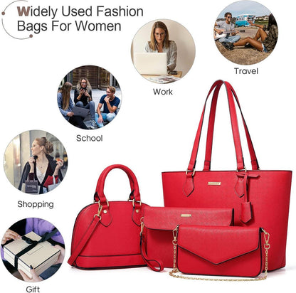 Handtaschen Damen 4-teiliges Set Schultertasche Tragetasche Büro Rot