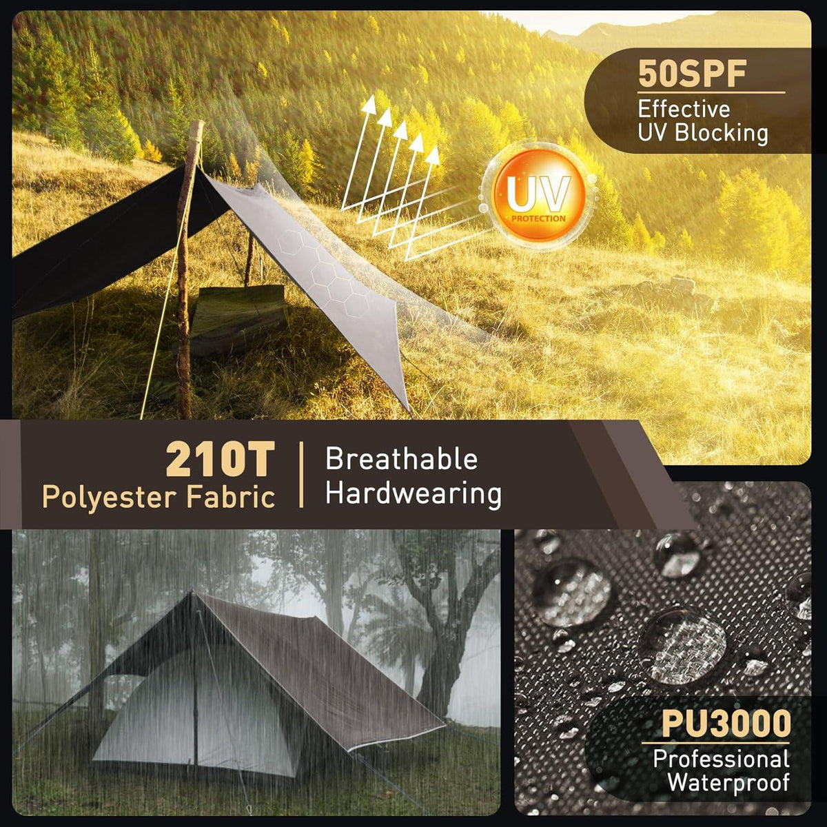 VOSOIR Tarp 3x3M Ultraleicht Wasserdicht für Camping