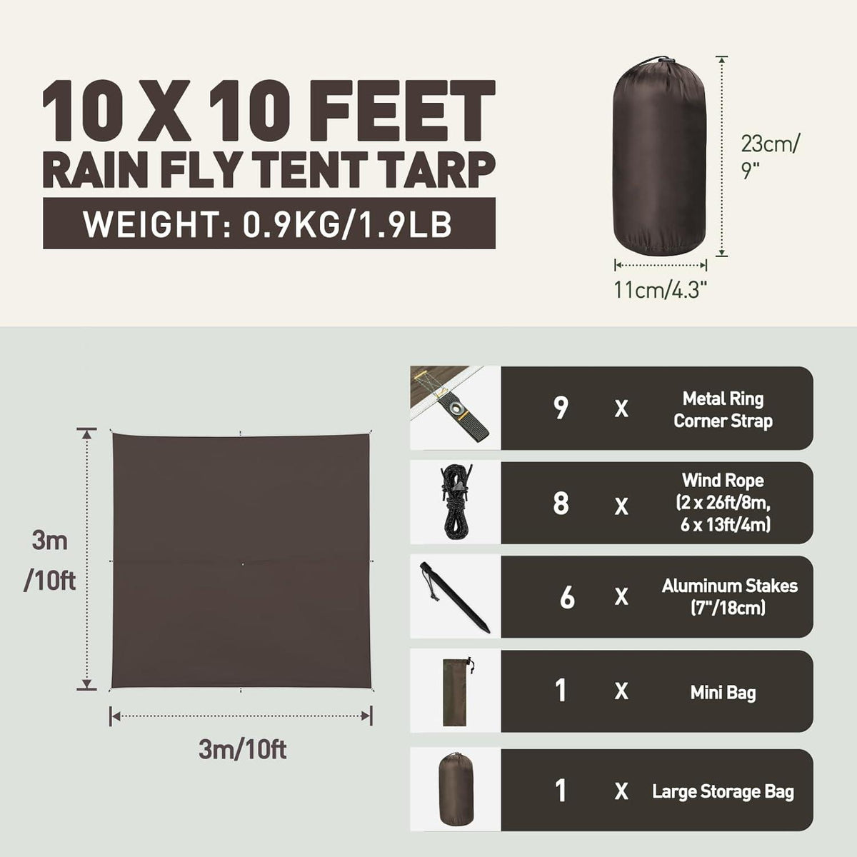 Ultraleichtes VOSOIR Tarp 3x3M Wasserdicht Camping Zeltplane Anti-UV Sonnenregen