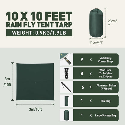 Ultraleichtes Tarp 3x3M Wasserdicht mit Zubehör für Camping Wandern