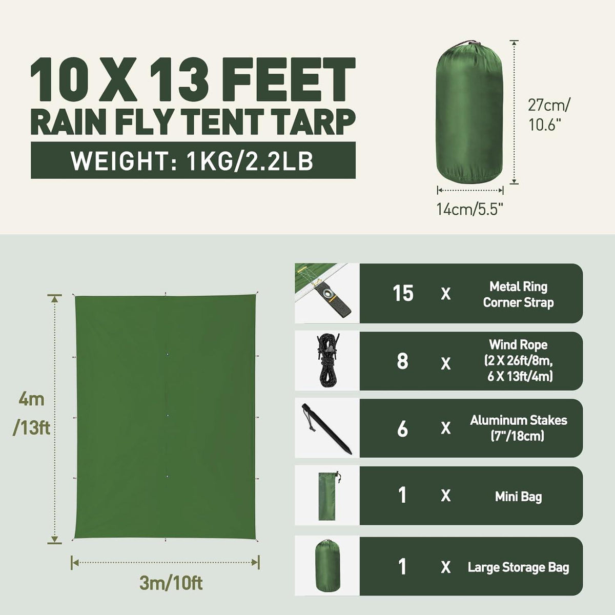 Ultraleichtes VOSOIR Tarp 3x4M Wasserdicht mit Zubehör für Camping & Wandern