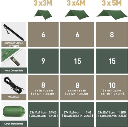 VOSOIR 3x4M Tarp Zeltplane Wasserdicht Ultraleicht 15 Öse+6 Aluminiumstifte+8 Nylonseile Blau