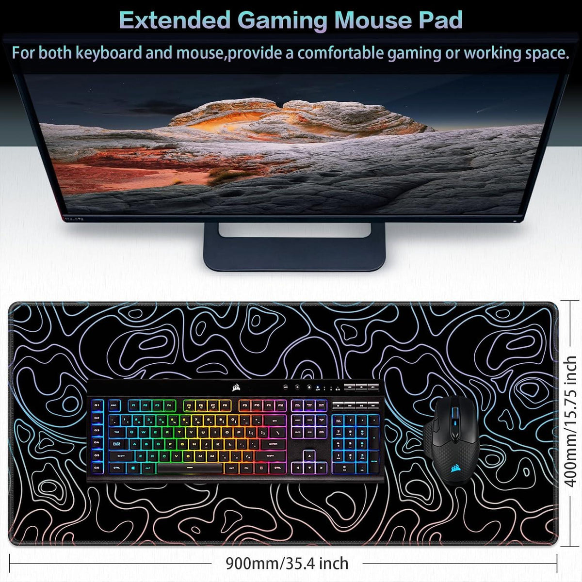 XXL Gaming Mauspad 900x400mm Topographie wasserdicht rutschfest PC