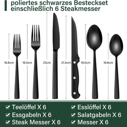 36-teiliges Edelstahl Besteckset für 6 Personen, Schwarz, Matt