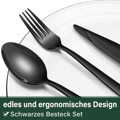 36-teiliges Edelstahl Besteckset für 6 Personen, Schwarz, Matt