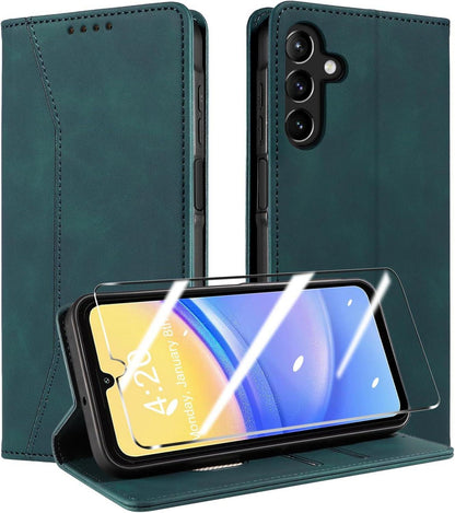 QHOHQ Samsung Galaxy A15 Hülle Panzerfolie Leder RFID (Traum)-Seegrün