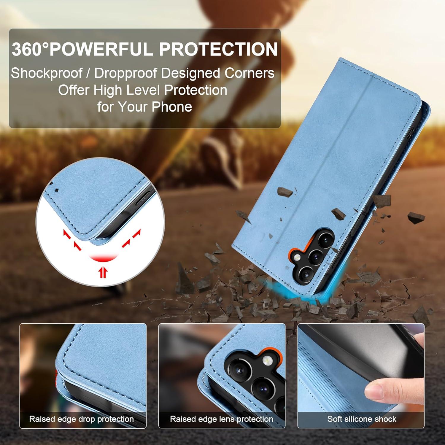 QHOHQ Samsung Galaxy A15 4G/5G Handyhülle mit Panzerfolie, Premium Leder, RFID Schutz, Magnet, Flip Case - Blau