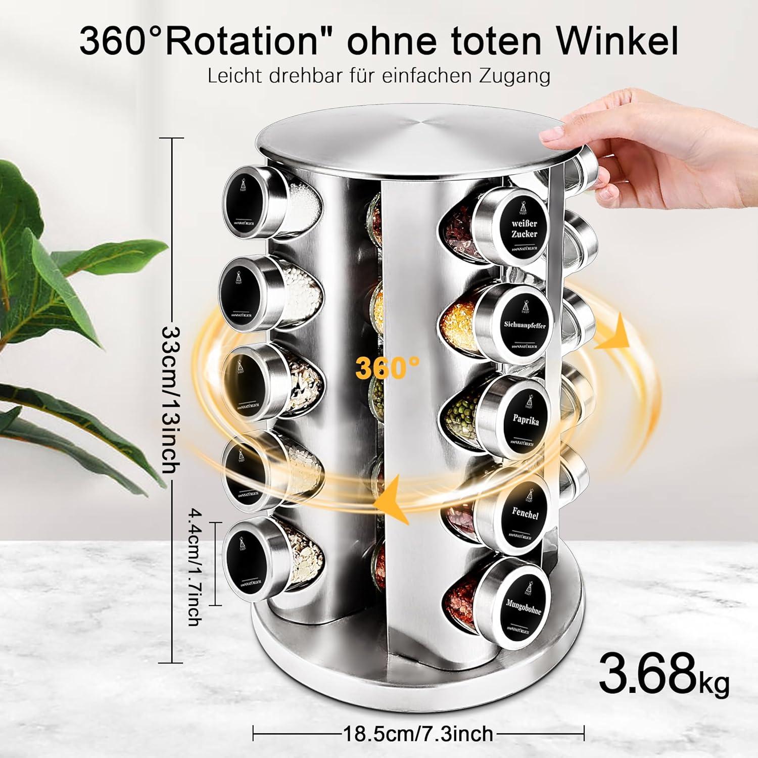 360° Rotation Gewürzregal mit 20 Gewürzdosen und Etiketten