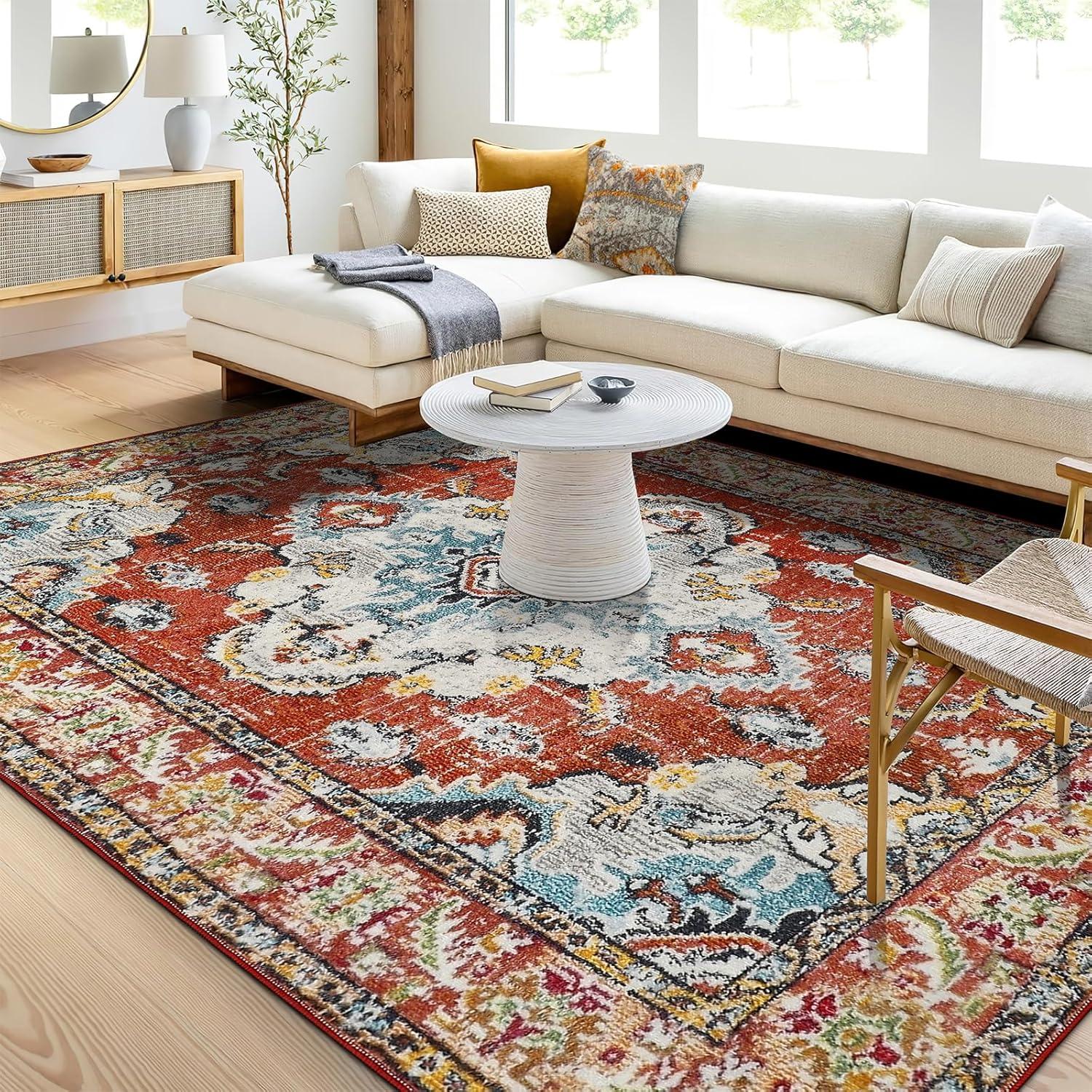 Boho Teppich Vintage Rot Kurzflor waschbar und rutschfest 200x300cm