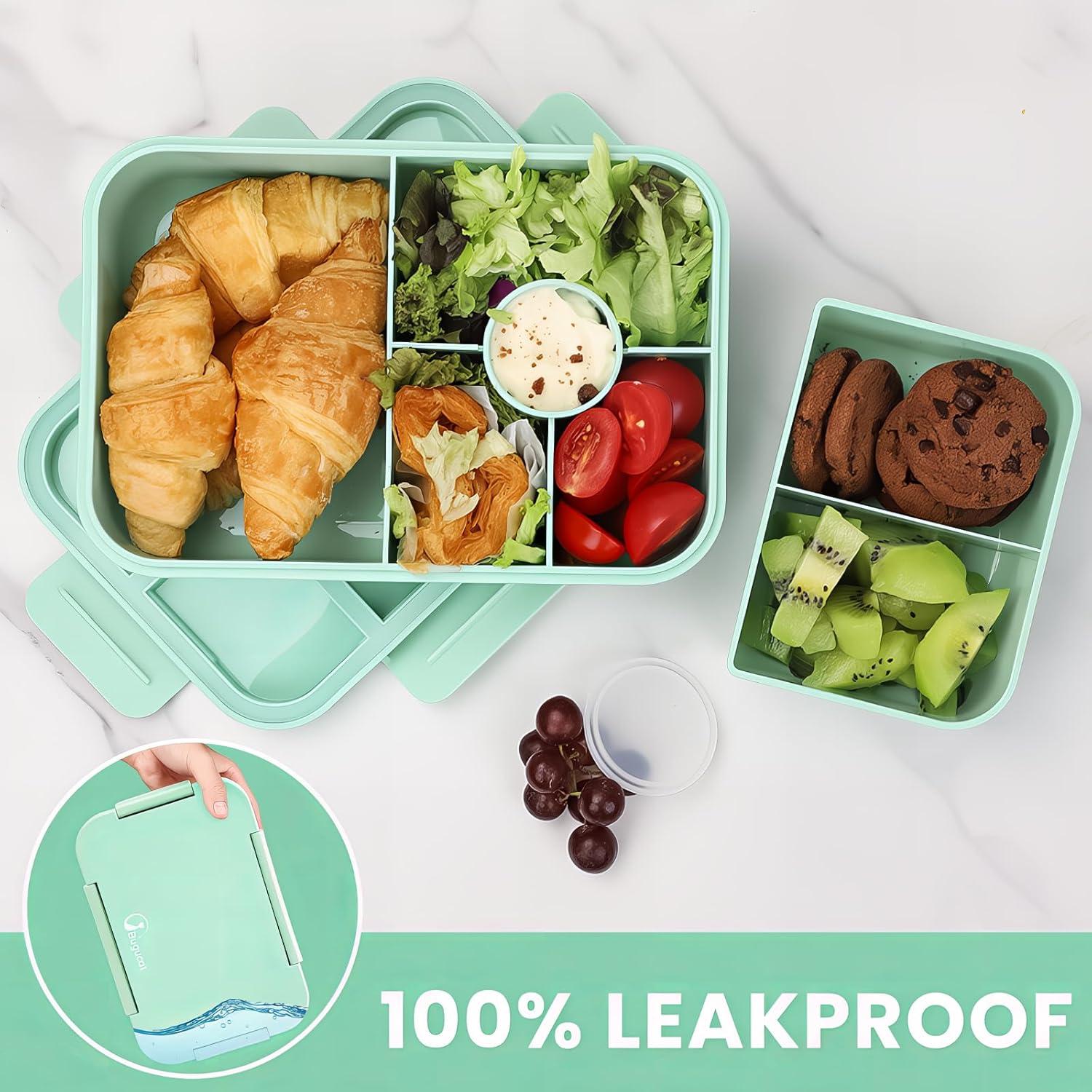 Bugucat Brotdose Kinder mit Fächern 1300ml, auslaufsicher, Bento Lunchbox für Kinder, Erwachsene, Vesperbox Grün