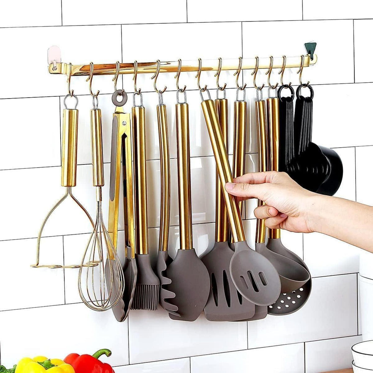 38-teiliges Silikon Küchenutensilien Set mit Halter, silber