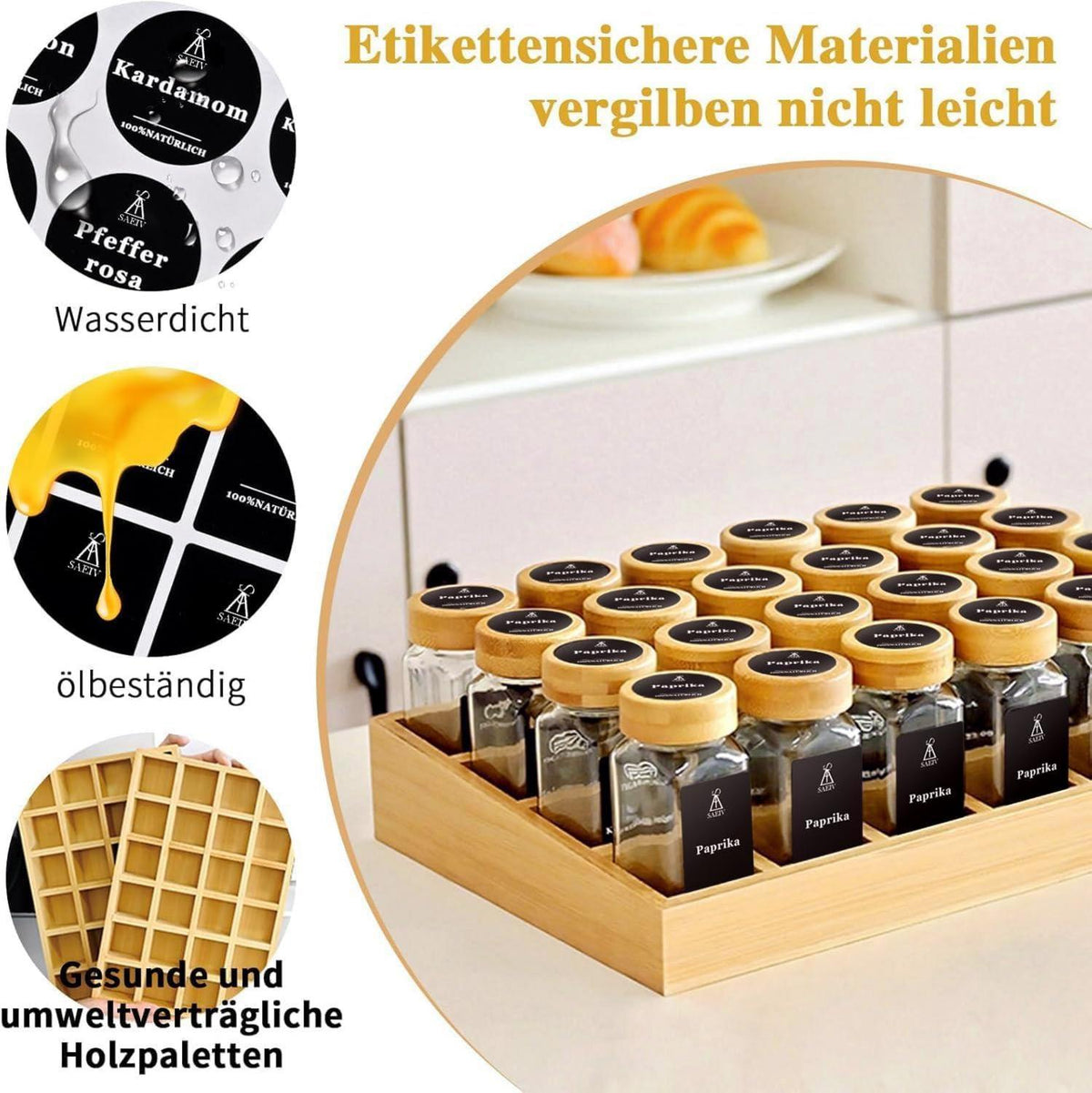 Natürliches Bambus Gewürzregal mit Gläsern und Etiketten, 24er Set