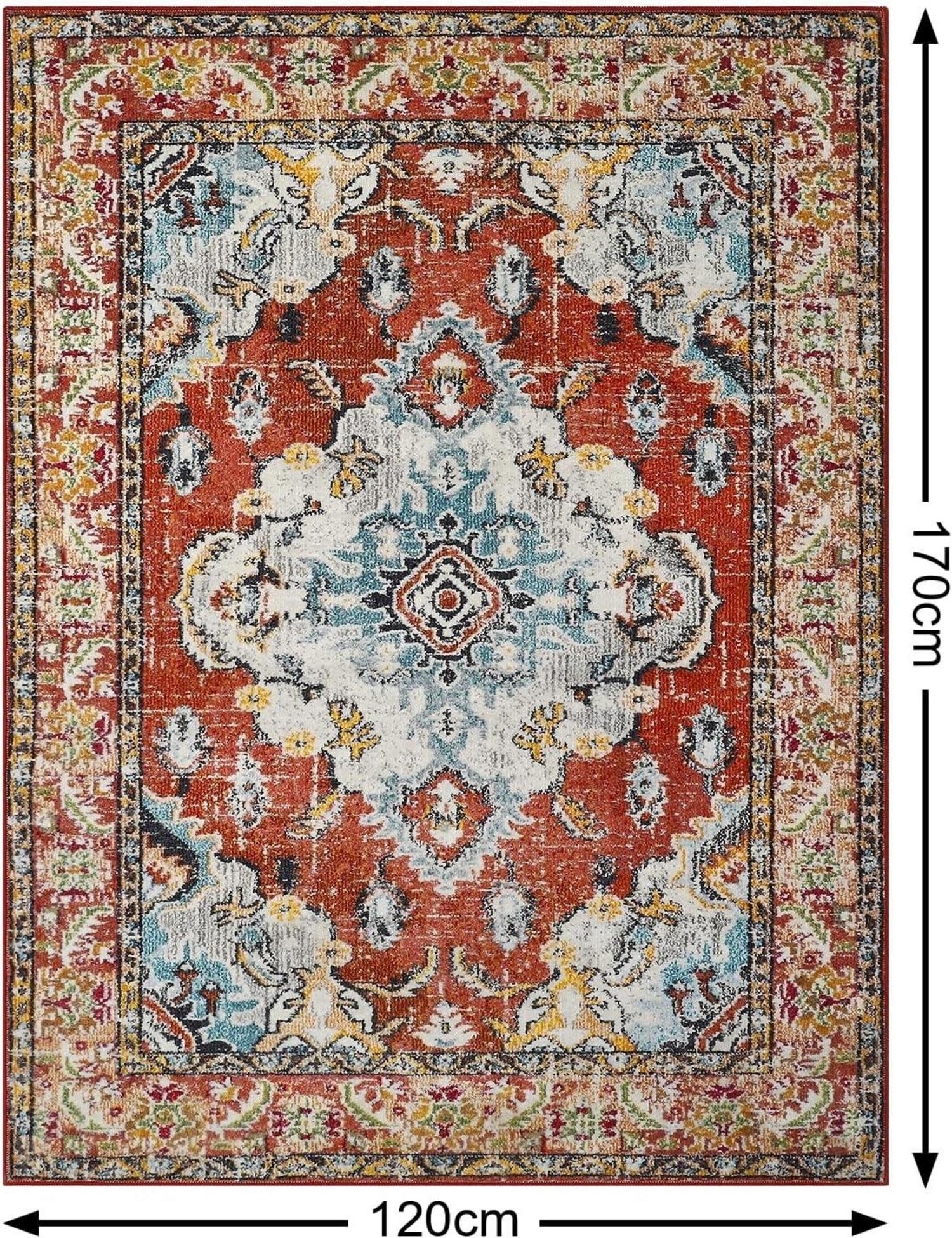Boho Teppich Vintage Rot Kurzflor 120x170cm Waschbar