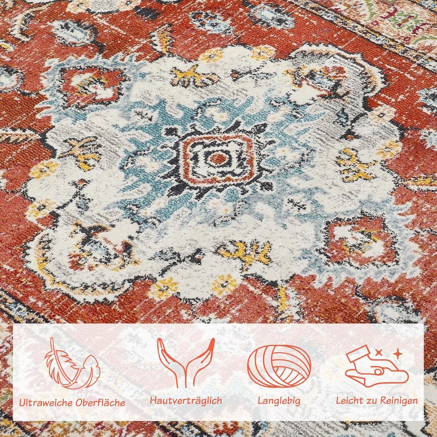Boho Teppich Vintage Design Rot 120x170cm Waschbar Rutschfest Weich