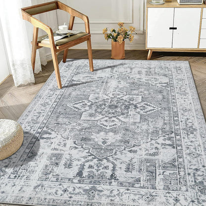 Boho Teppich Vintage Design Grau Kurzflor Waschbar 160x230cm