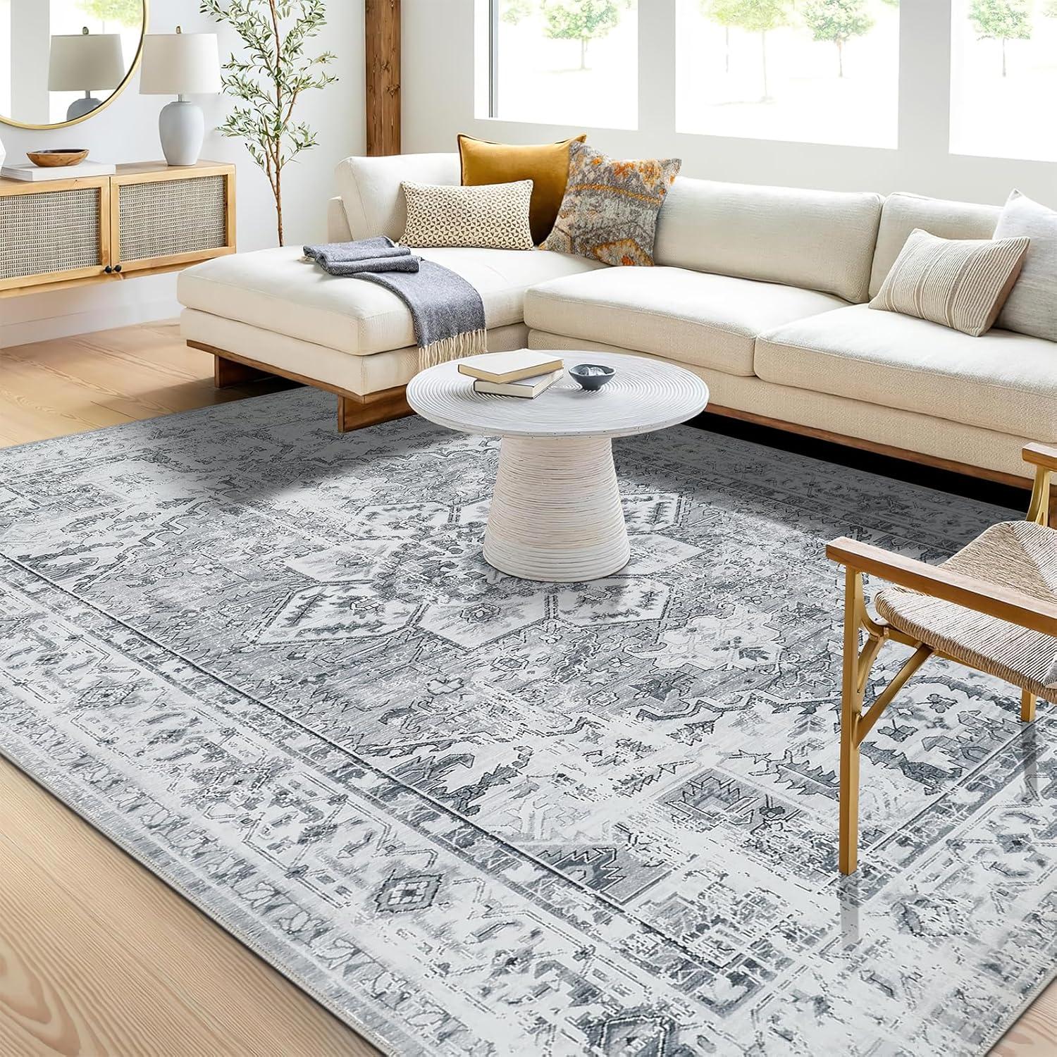 Boho Teppich Vintage Design Grau Kurzflor Waschbar 160x230cm